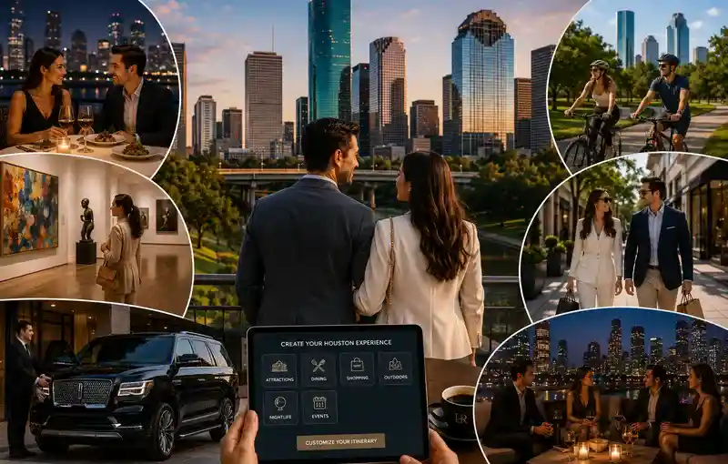 Travelers creating a personalized Houston itinerary with luxury dining, shopping, museums, parks, and private city tours.